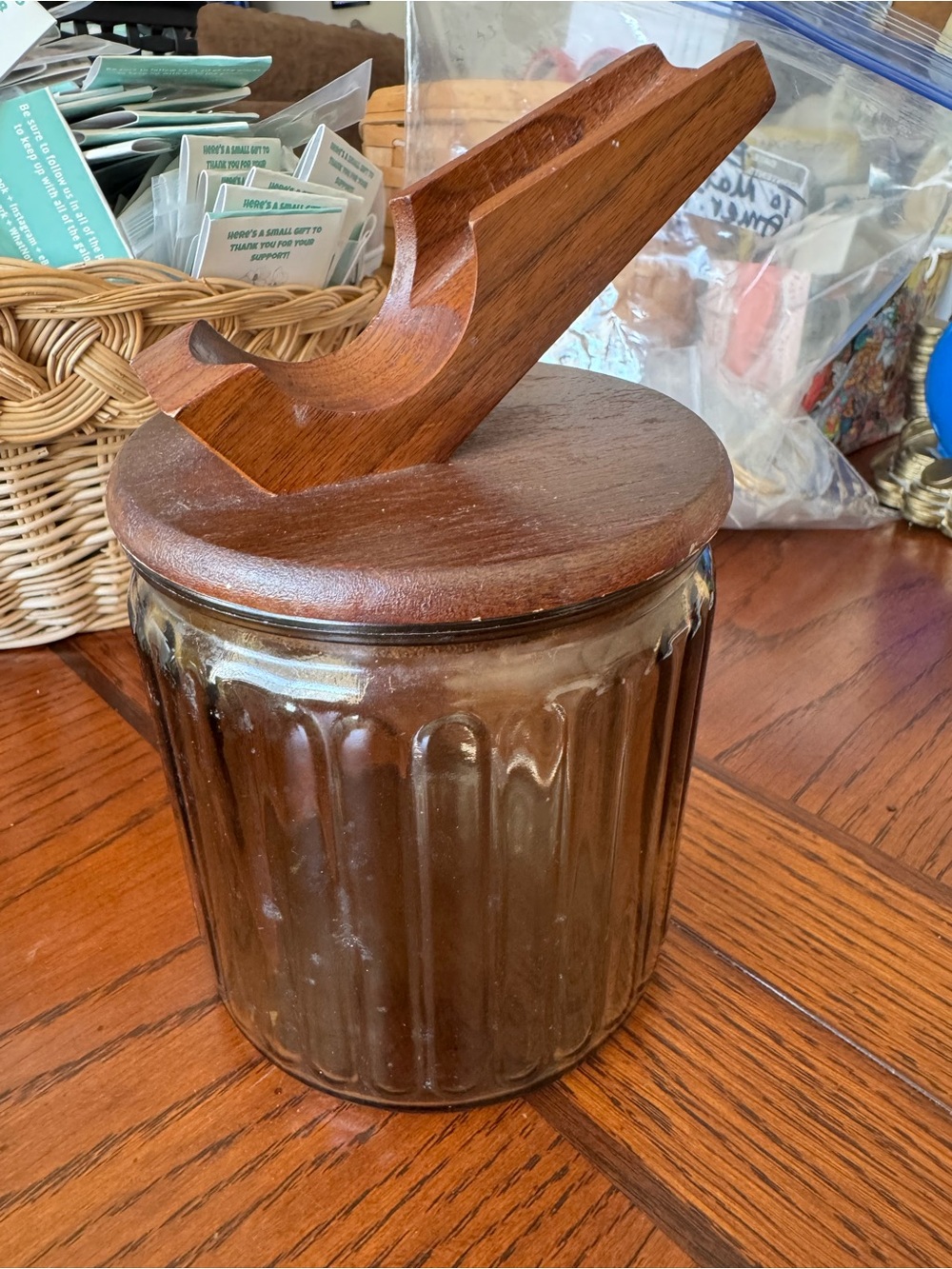 Vintage Tobacco Herb Glass Jar Humidor w/ Pipe Stand Rest Wooden Lid Aztec